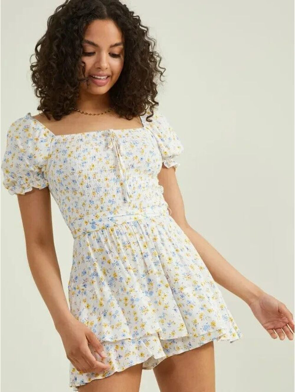 Altar'd State Boho Floral Short Romper Smocked Ruched Ruffly Mini Dress L